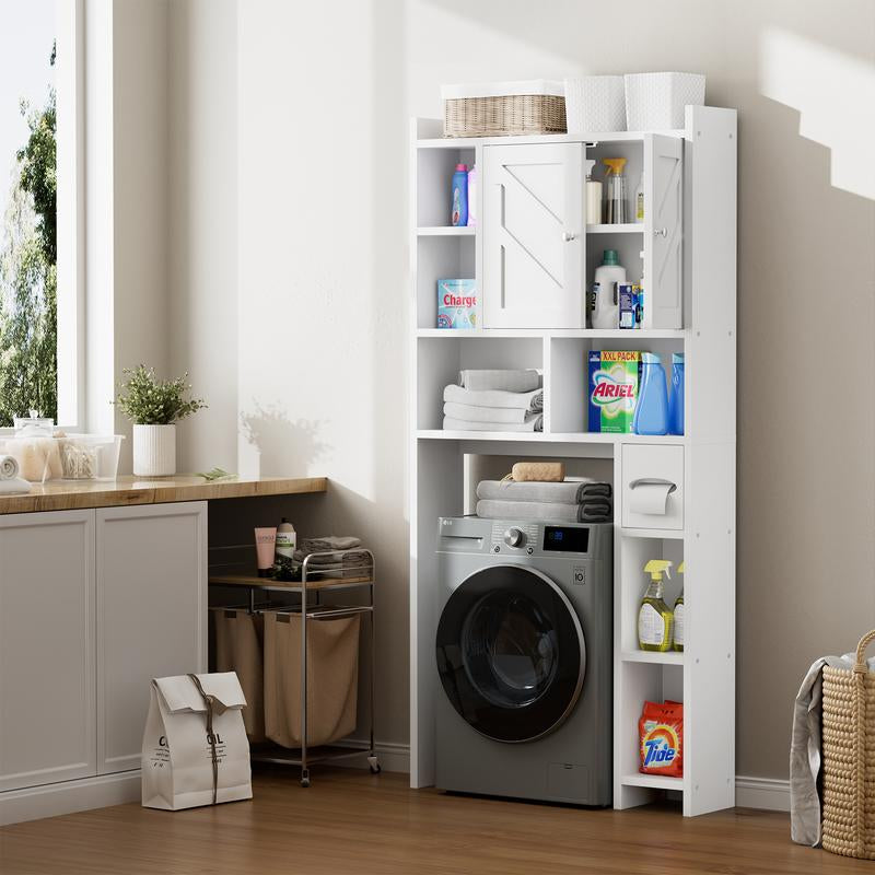 Walsunny over the Toilet Storage Cabinet, Farmhouse Storage Cabinet with 2 Barn Door & Toilet Paper Holder Stand, Toilet Rack for Bathroom, Laundry Furniture Organizer, White