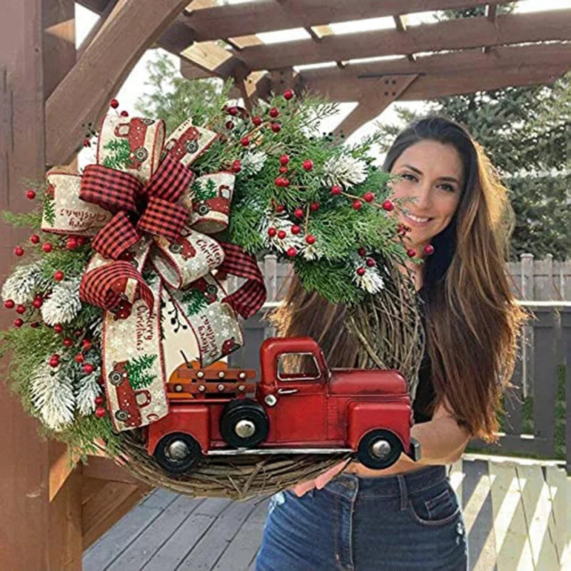 35Cm Christmas Wreath Red Truck Front Door Wreath Vintage Farm Wreath with Pine Cones Fall Wreaths for Thanksgiving Xmas Decors