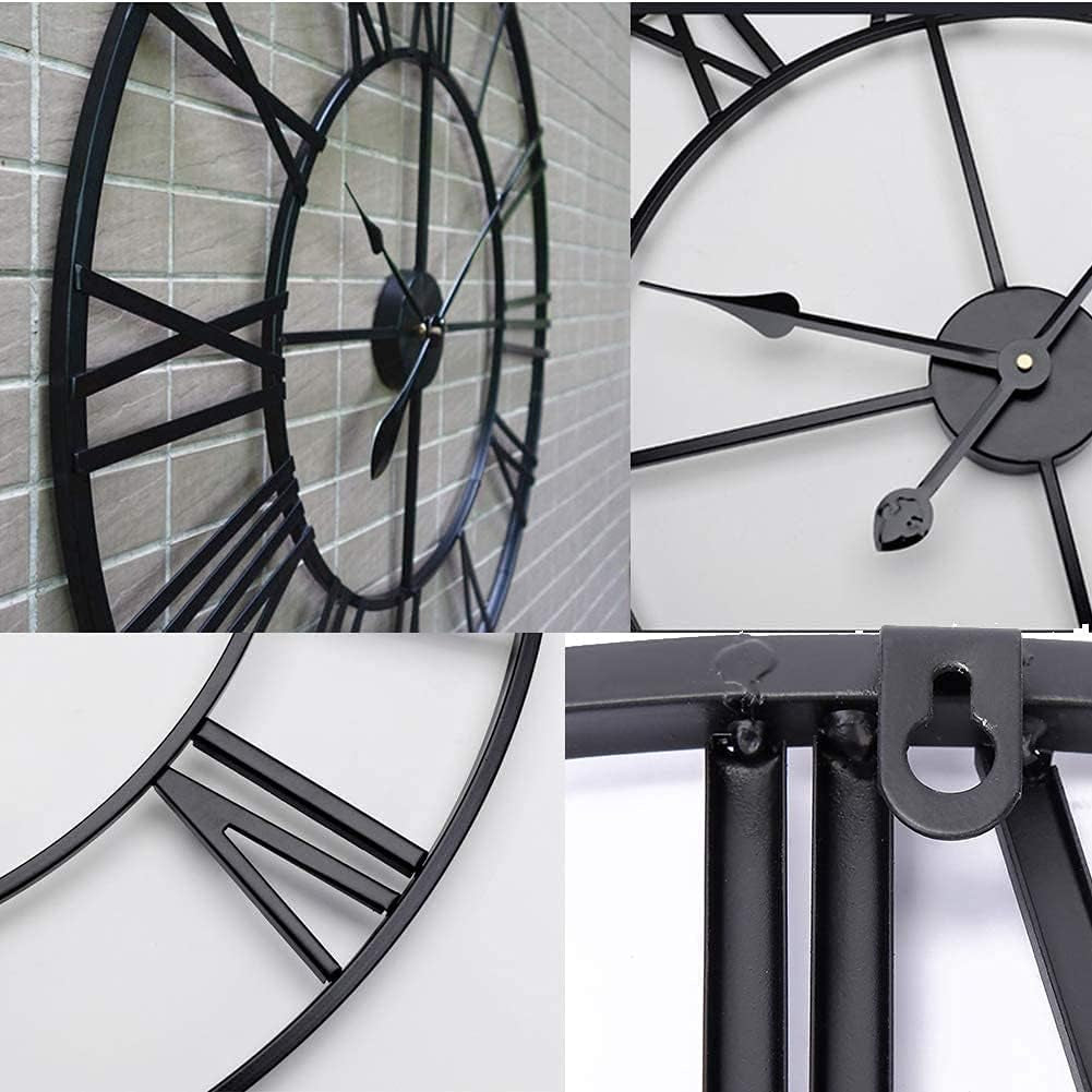 16" Wall Clocks, Large Modern Metal round Silent Clocks, Roman Numeral Indoor Decorative Clocks for Living Room Kitchen Bedroom Office Farmhouse (Black)