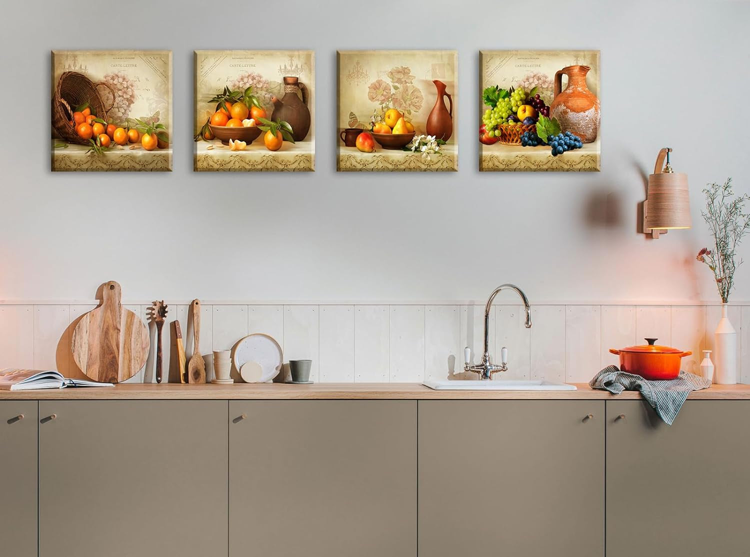 Kitchen Wall Decor Canvas Art for Dining Room Vintage Theme Fruit Pictures Farmhouse Rustic Signs Paintings Bar Accessories Realism Colorful Framed Decorations 4 Pcs/Set