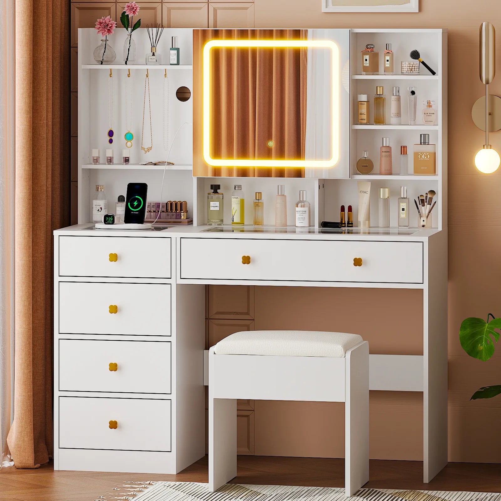 Large 47.2" Makeup Vanity with 3 Color Lights, Vanity Desk with USB Charging Station, Vanity Makeup Table with Visible Drawers, Hidden and Open Storage Shelves, White